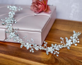 Floral Bridal Hair Vine in Silver, Gold, and Rose Gold, Delicate Wedding Hair Accessories with Flowers, Rhinestones, and Pearls