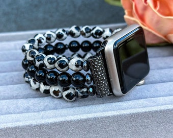 Black Tibetan Mystical Old Onyx Beaded Band for Apple Watch, Natural Stone Apple Watch Bracelet, IWatch Handmade Replacement Strap