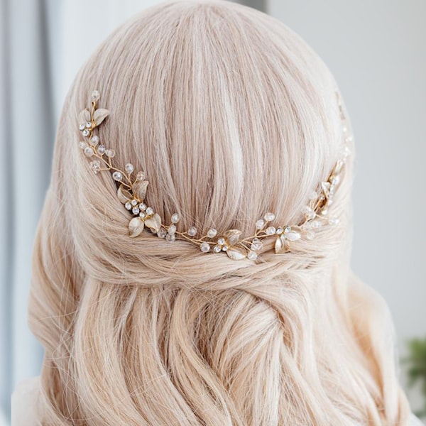 Rose Gold Floral Bridal Hair Piece, Bridal Hair Vine with Rhinestones and Pearls, Bridal Hair Accessories