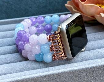 Purple, Pink, and Blue Morganite Natural Stone Beaded Band for Apple Watch, Fashion Handmade Elastic Pearl Replacement Bracelet for IWatch