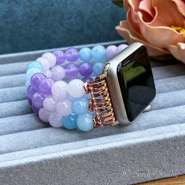 Purple, Pink, and Blue Morganite Natural Stone Beaded Band for Apple Watch, Fashion Handmade Elastic Pearl Replacement Bracelet for IWatch