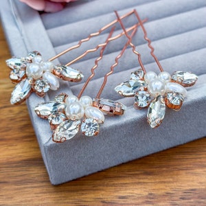 Rose Gold Wedding Hair Pins: Pearl & Rhinestone Bridal Accessories