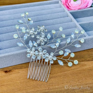 Blue Opal Rhinestone and Crystal Flower Hair Comb – A Stunning Something Blue Bridal Hair Accessory