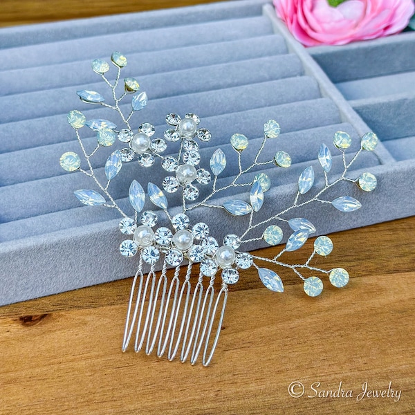 Blue Opal Rhinestone and Crystal Flower Hair Comb – A Stunning Something Blue Bridal Hair Accessory