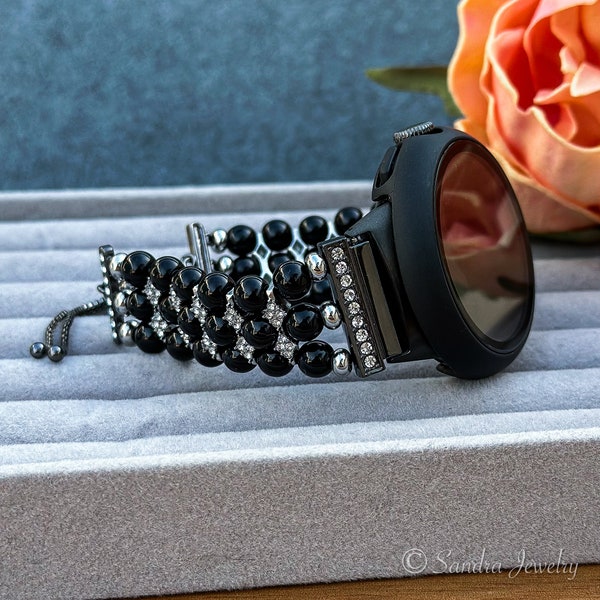 Black Pearls Band for Google Pixel Watch Series 1 and 2, Fashion Handmade Elastic Pearl Replacement