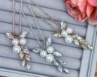 Pearls and Crystal Bridal Hair Pins in Silver, Gold, and Rose Gold, Wedding Hair Accessories for Bride and Bridesmaid