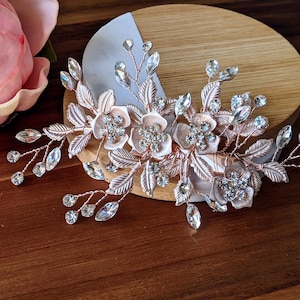Rose Gold Wedding Flower Clip, Floral Leaf Comb, Wedding Hair Pins, Bridal Earrings, Wedding Hair Accessories for Bride and Bridesmaid