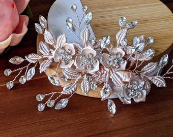 Rose Gold Rhinestone Wedding Hair Clip: Floral Bridal Comb