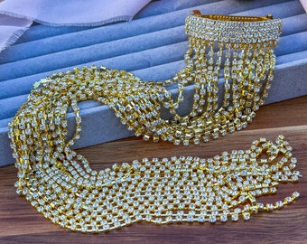 Gold Long-Chain Tassel Ponytail Holder, Sparkle Rhinestones Hair Accessory, Bridal Shiny Hair Jewelry