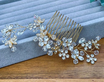 Gold Bridal Flower Hair Comb, Bridal Hair Piece with Delicate Flower and Rhinestones, Wedding Hair Accessories for Bride and Bridesmaid