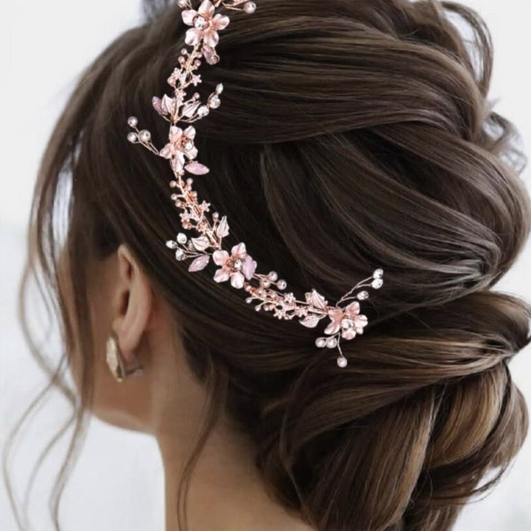 Rose Gold Bridal Hair Vine, Delicate Floral Bridal Hair Piece, Wedding Hair Accessories for Bride and Bridesmaid