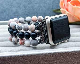 Pink Zebra Stone Beaded Band for Apple Watch Series 9/8/7/6/5/4/3/2/1/SE, Handmade Natural Stone IWatch Strap