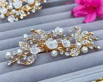 Gold Bridal Flower Hair Clip, Bridal Pearl Earrings, Wedding Hair Accessories, Bridal Hair Piece, Bridesmaid jewelry
