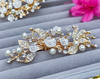 Gold Bridal Flower Hair Clip, Bridal Pearl Earrings, Wedding Hair Accessories, Bridal Hair Piece, Bridesmaid jewelry