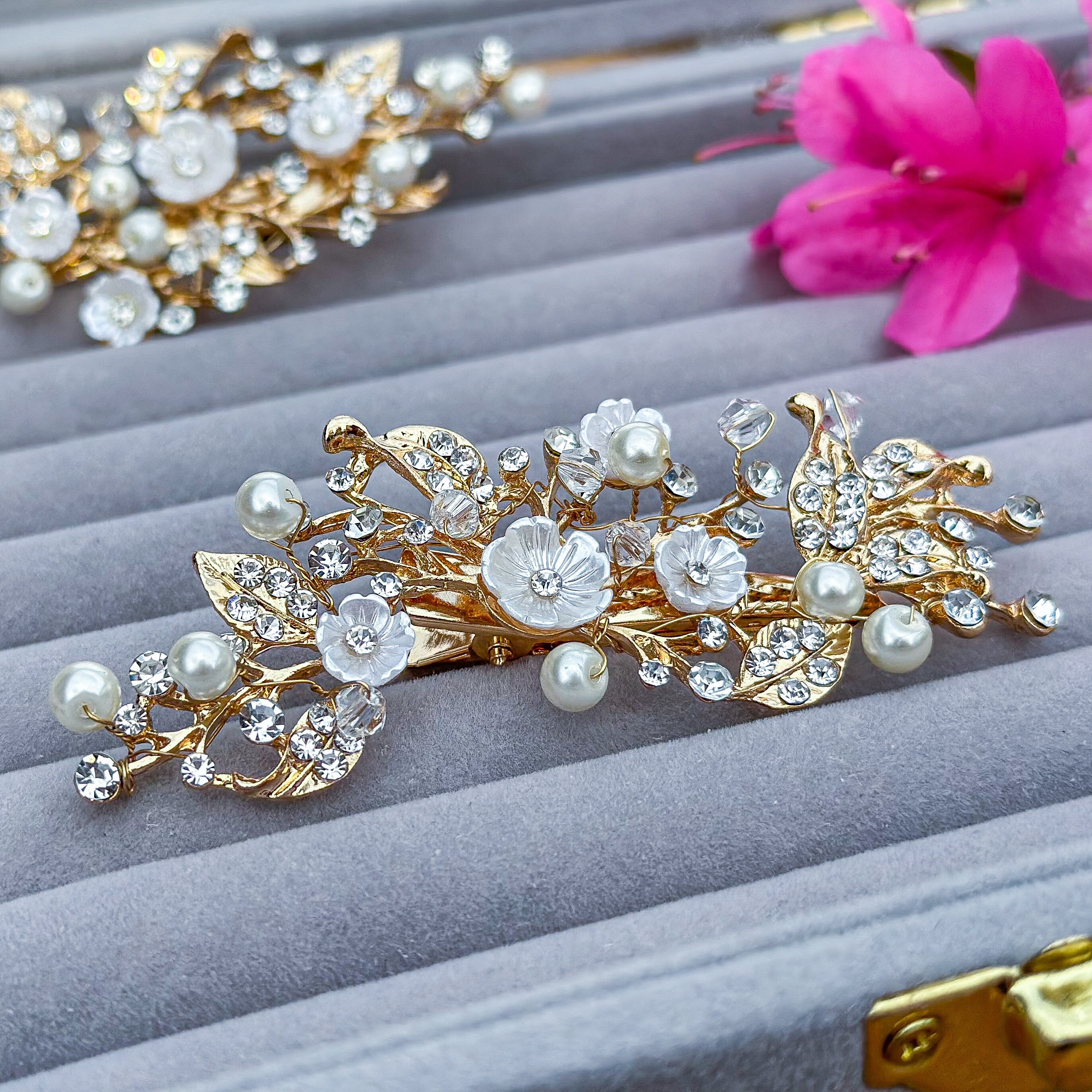 Gold Bridal Flower Hair Clip: Pearl Rhinestone Wedding Hair Piece