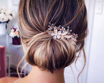 Romantic Flower Crystal Wedding Hair Comb and Pin, Rose gold Floral Hairpiece, Wedding  Hair Accessory for Bride and Bridesmaid