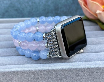 Aquamarine and Rose Quartz Bracelet for Apple Watch, Natural Stone Apple Watch Replacement Band, IWatch Handmade Strap