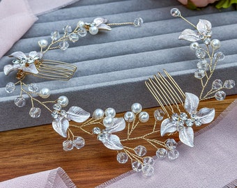 Crystal and Pearl Leaf Bridal Hair Vine with Combs, Wedding Hair Accessories for Bride and Bridesmaid