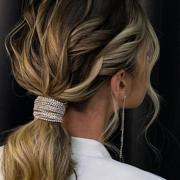 Longue chaîne avec pampilles et strass, barrette pour mariée brillante, porte-bijoux pour queue de cheval, accessoire pour cheveux avec franges pour queue de cheval