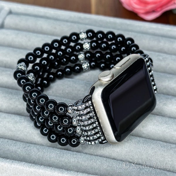 Black Handcrafted Beaded Bracelet for Apple Watch Series 8/7/6/5/4/3/2/1/SE