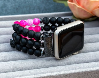 Pink and Black Beaded Band for Apple Watch, Natural Stone Apple Watch Replacement Bracelet, IWatch Handmade Strap