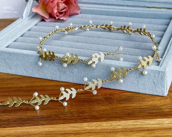 Cheveux de liane en feuilles d'or avec perles délicates, coiffe de feuilles de mariée, bandeau en or, accessoires de cheveux de mariage