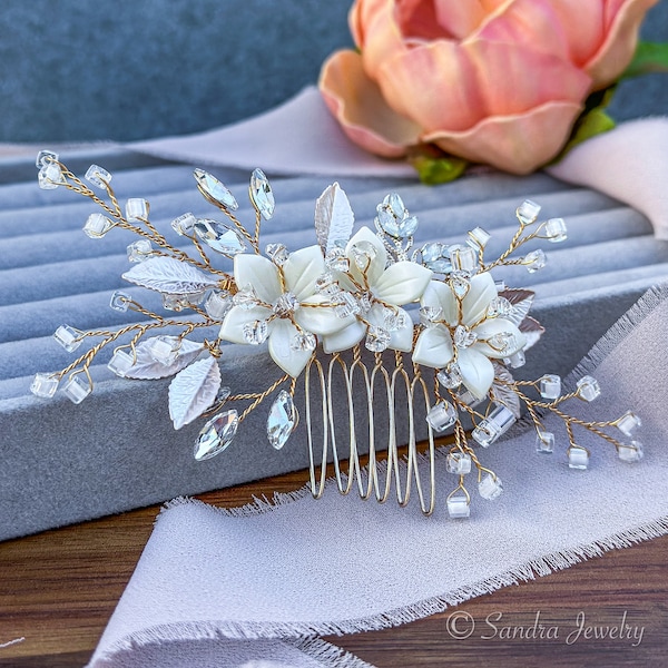 Bridal Hair Comb and Pins with White Ceramic Flowers, Blue Opal Crystals, and Rhinestones - Stunning Wedding Hair Accessories