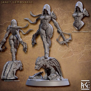 May include: A gray 3D printed miniature of a female figure with a hooded cloak, holding a crossbow and standing on a gargoyle. The figure is posed in a dynamic action pose. The miniature is labeled "Janet Demonbane".