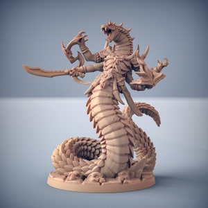 May include: A detailed miniature figurine of a serpentine creature with a humanoid upper body, holding a sword and a shield. The creature has a scaly, segmented body and a reptilian head with a fierce expression.
