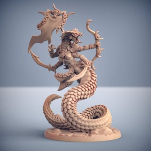 May include: A beige figurine of a mythical creature with a snake-like lower body and a humanoid upper body. The figure holds a bow and two curved blades. A banner extends from the back of the figure's head. The figure is posed on a small, rocky base.