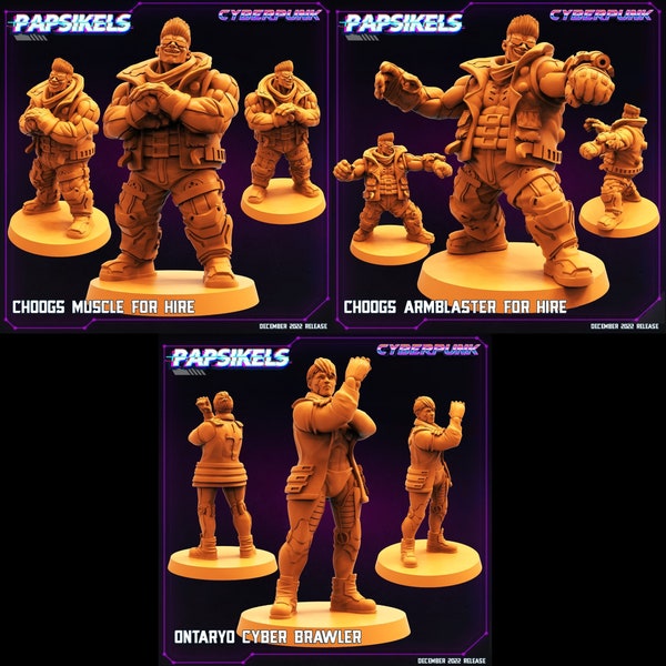 Cyberpunk Maine and Dorio - Choogs Muscle Armblaster for hire - Ontaryo Cyber Brawler | 2 design options | 32mm scale miniature | Papsikels