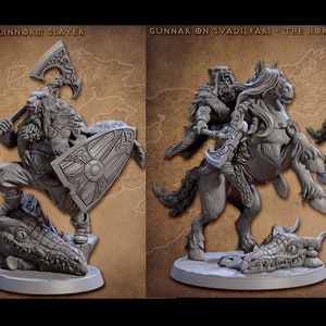 Skuutagard Northmen - Thane Gunnar the Linnorm Slayer and Svadilfari the Horse King | 32mm scale miniature | Artisan Guild