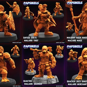 May include: Set of 9 orange and brown painted miniature figurines of ducks with different professions, including a knight, thief, mage, artisan, warrior, and merchant thief. Each figurine is on a round base with a black background and the text "PAPSIKELS" and the character's name and profession.