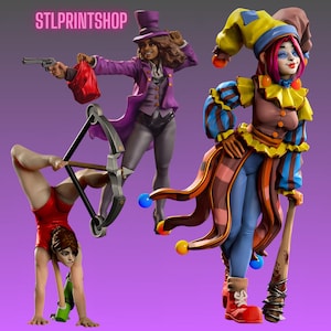 May include: A group of 3D-printed figurines of fantasy characters. One figure is a woman in a purple outfit holding a gun and a red bag. Another is a woman in a jester costume. The third is a woman in a red leotard with a crossbow. The text "STLPRINTSHOP" is at the top.