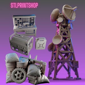 May include: A collection of gray 3D-printed models, including a radio tower with satellite dishes, a workbench, a generator, a gas can, barrels, and a wheel. The text "STLPRINTSHOP" is displayed at the top.