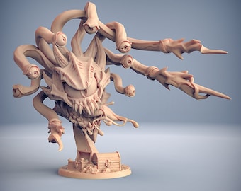 May include: A beige 3D printed miniature of a multi-eyed monster with tentacles and a treasure chest at its base.