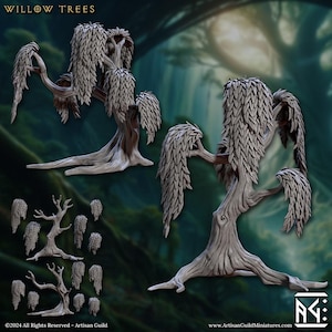 May include: A set of two unpainted gray miniature willow trees with textured bark and drooping leaf clusters. The kit includes two distinct tree trunks and several separate foliage attachments, labeled Willow Trees by Artisan Guild.