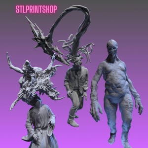 May include: A collection of gray 3D-printed monster figures, including a humanoid with large hands, and figures with elaborate headpieces. The text "STLPRINTSHOP" is displayed in pink at the top of the image. The background is a gradient of purple.