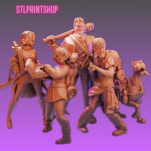 May include: A group of 3D-printed figurines of a cartoon mystery-solving team and their dog, in shades of brown. One figure holds a laptop, another a baseball bat, and a third a gun. The dog has a long tongue. The text "STLPRINTSHOP" is at the top.