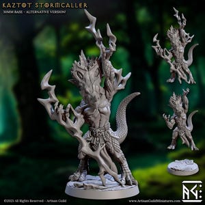 May include: A gray miniature figure of Kaztot Stormcaller, a fantasy character, holding stylized lightning bolts. The figure has a reptilian appearance with a long tail and is standing on a 30mm base. The text "KAZTOT STORMICALLER" is at the top.