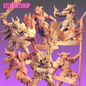 May include: A collection of six unpainted light peach-colored dragon-like warrior figurines in various poses, some holding swords, axes, or banners. The text STLPRINTSHOP is visible in the top left corner against a solid purple background.