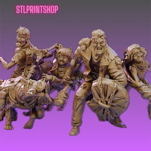 May include: A group of detailed, gold-colored zombie figurines in various action poses. One figure holds a wagon wheel, while others appear to be attacking. The text "STLPRINTSHOP" is displayed at the top.