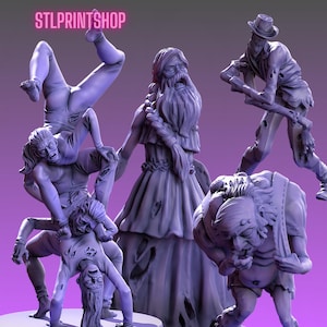 May include: A collection of gray 3D-printed zombie figures in various poses. One figure is upside down, while others are hunched over or walking. The figures have tattered clothing and a distressed appearance. The text "STLPRINTSHOP" is at the top.