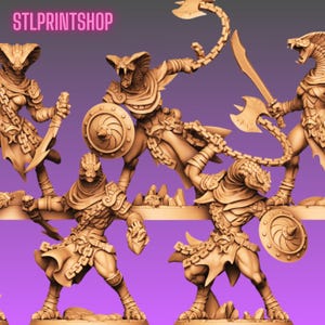 May include: A collection of tan-colored, unpainted miniature figurines depicting snake-like humanoid warriors. Each figure wears armor, carries a round shield or bladed weapon, and features chain details. The text STLPRINTSHOP is visible in the corner.
