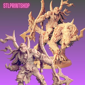 May include: Two beige-colored fantasy figurines of orc warriors. One is standing, holding a weapon, and the other is riding a beast. The text "STLPRINTSHOP" is in the upper left corner. The figures have detailed armor and weapons.