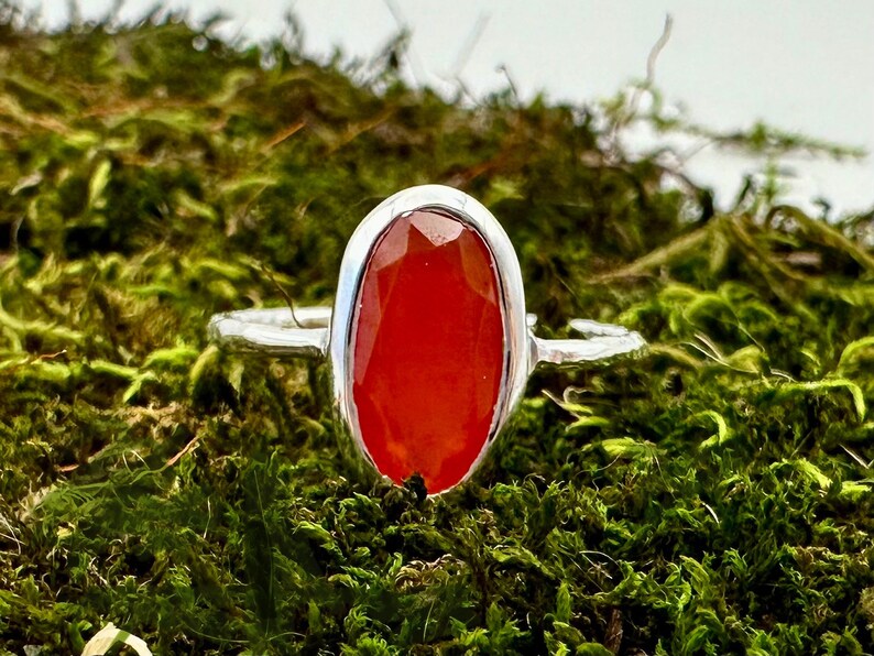 Peut inclure: Une bague en argent avec une pierre pr&eacute;cieuse en cornaline rouge. La bague est pos&eacute;e sur un lit de mousse verte.