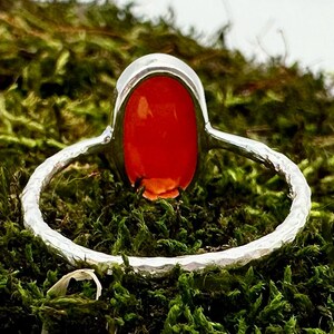 Peut inclure: Une bague en argent avec une bande martel&eacute;e et une grande pierre de cornaline de forme ovale. La bague est pos&eacute;e sur un lit de mousse verte.
