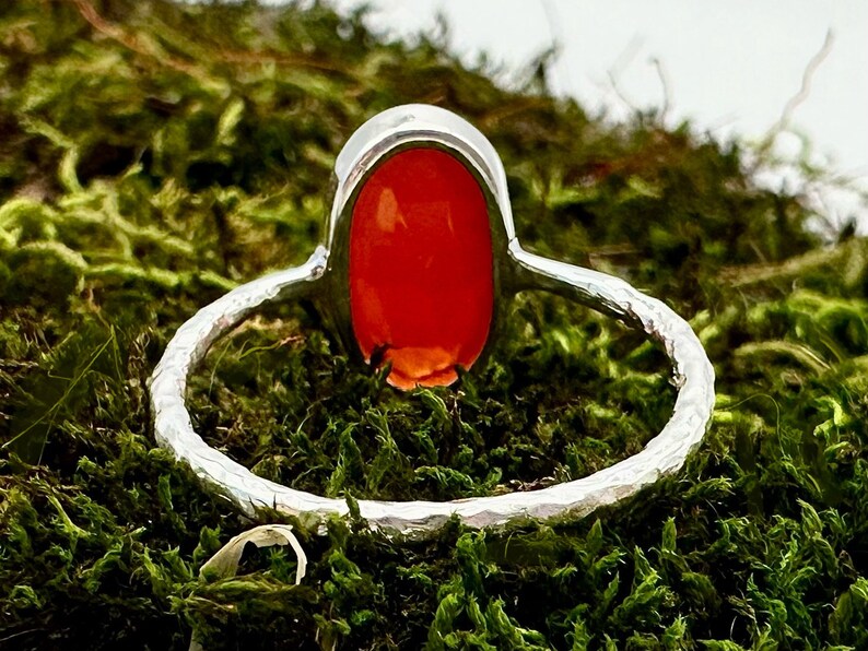 Peut inclure: Une bague en argent avec une bande martel&eacute;e et une grande pierre de cornaline de forme ovale. La bague est pos&eacute;e sur un lit de mousse verte.