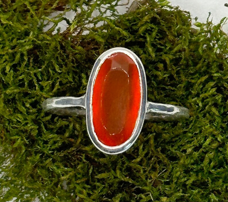 Peut inclure: Une bague en argent avec une pierre de cornaline de forme ovale. La cornaline est de couleur orange fonc&eacute; et est sertie dans une b&eacute;li&egrave;re en argent.