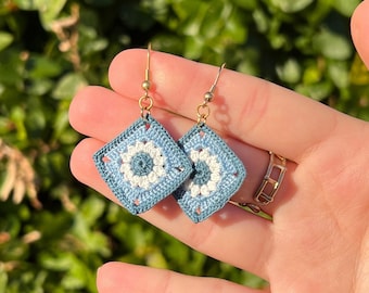 Handmade micro crochet flower square earrings, blue and white, 14k gold-filled OR sterling silver jewellery